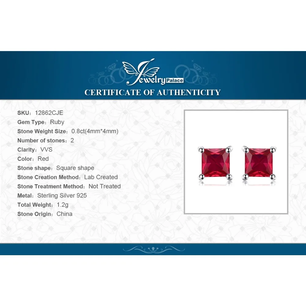 Jewelrypalace квадратный 0.8ct создан красный рубин 925 серебро Серьги-гвоздики для Для женщин классический Модные украшения Талисманы подарок