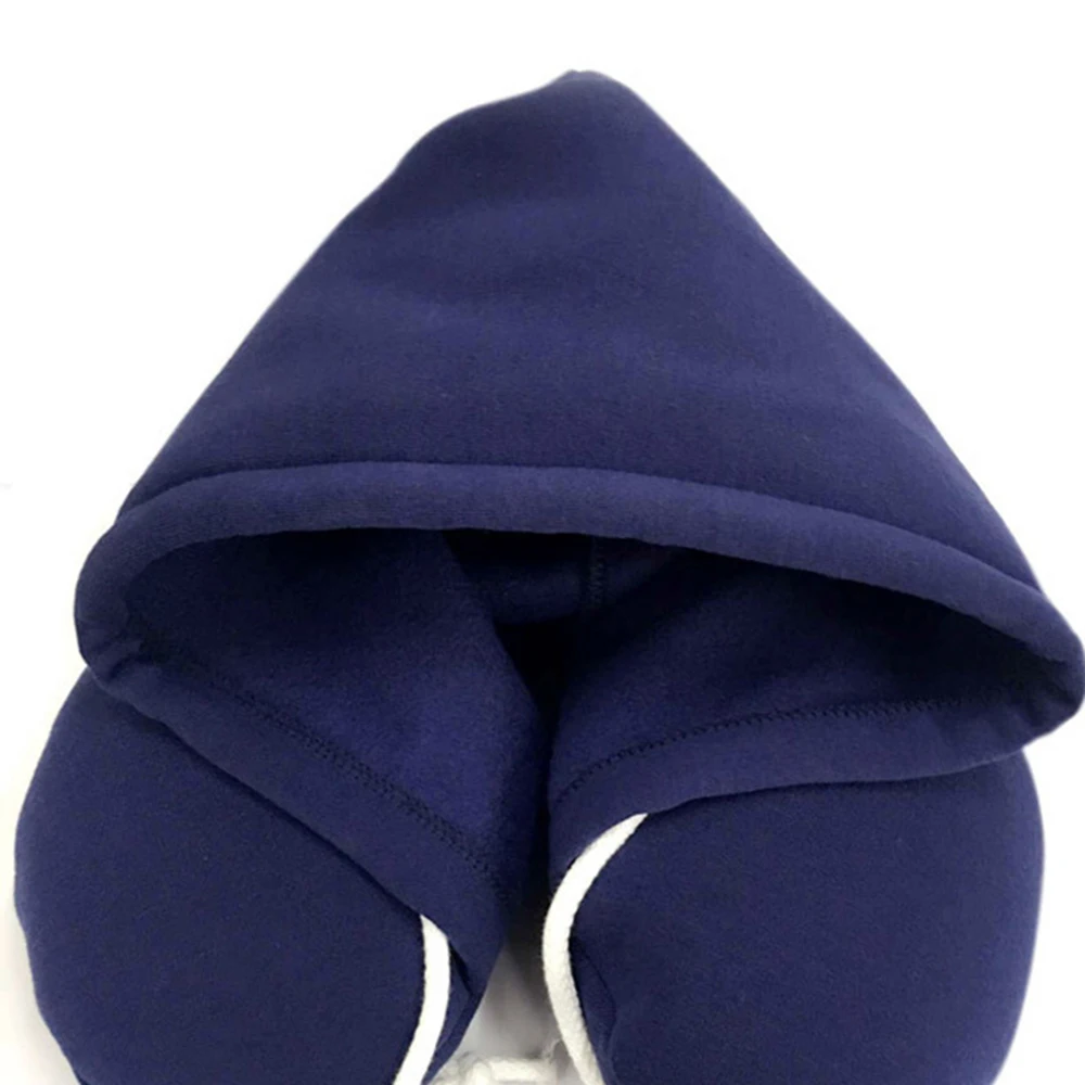 Взрослые портативные одноцветные u-образные подушки на шнурке с микрошариками, мягкая подушка для шеи с капюшоном для путешествий, подушка для шеи - Цвет: Синий