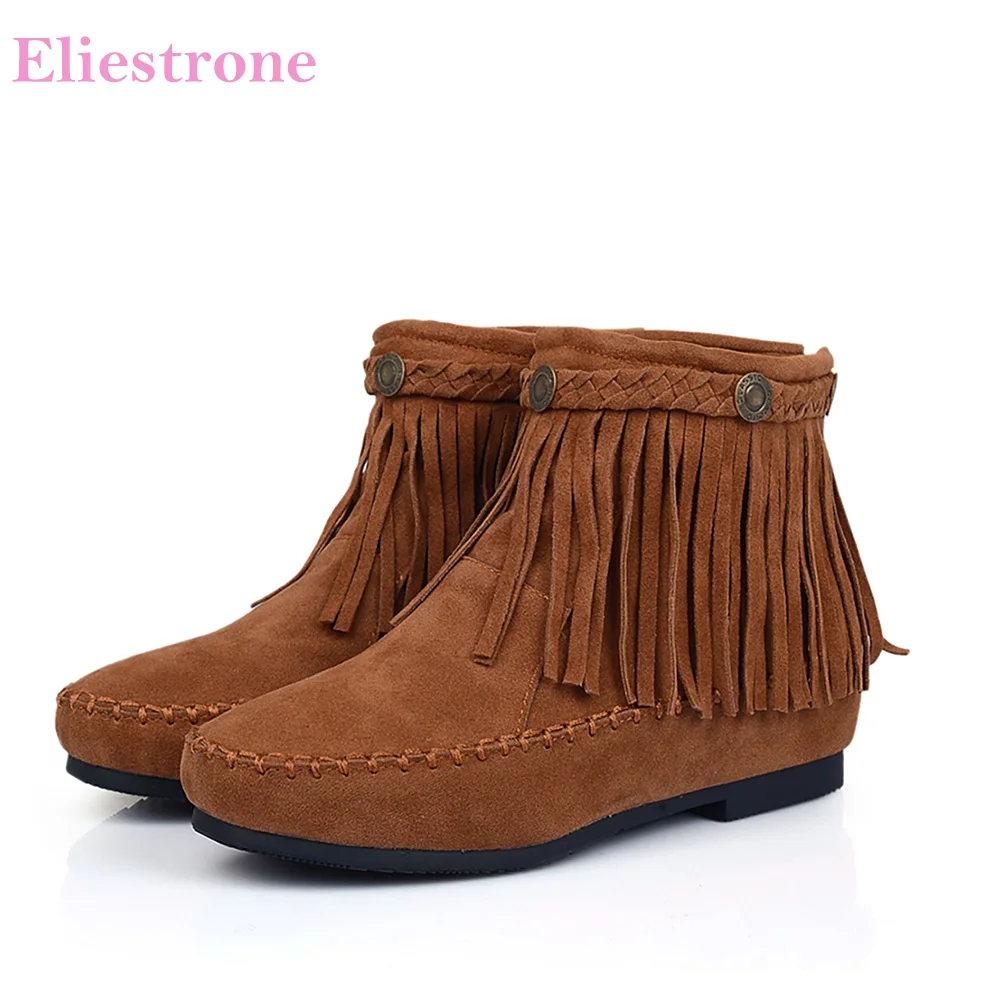

Hot Brand New Round Toe Winter Black Red Women Ankle Wedge Tassel Boots Vogue Med Heels Lady Snow Shoes S24 Plus Big Size 10 43