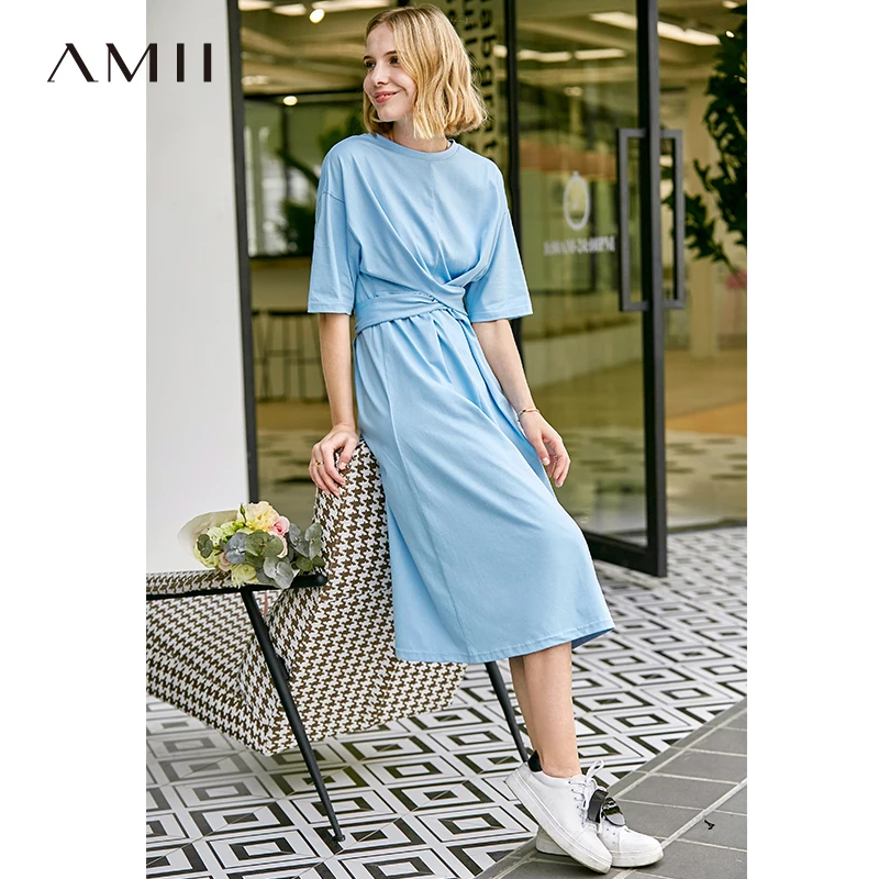 Amii Minimalist Women Dress Spring Summer Causal Solid Short Sleeve Belt Lace Up O Neck Cotton Elegant Female Dress