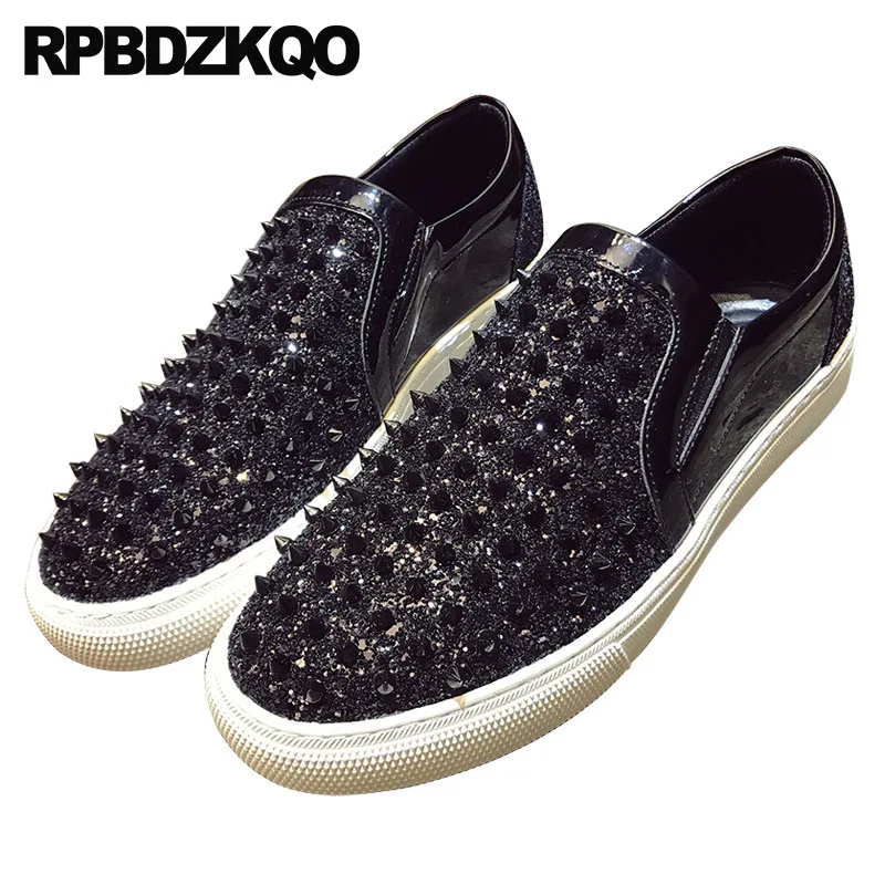 British Style Sneakers Flats Sequin Hip Hop Spike Silver Black Glitter Shoes Men Red Stud Rivet