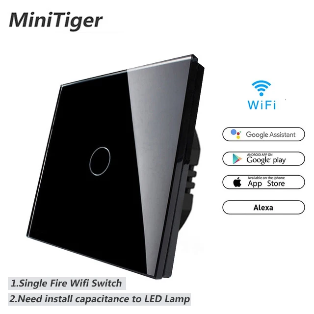 

Minitiger WIFI Smart Black Crystal Glass Panel Touch Switch Wifi Wireless Remote Light Wall Switch Work With Alexa / Google Home