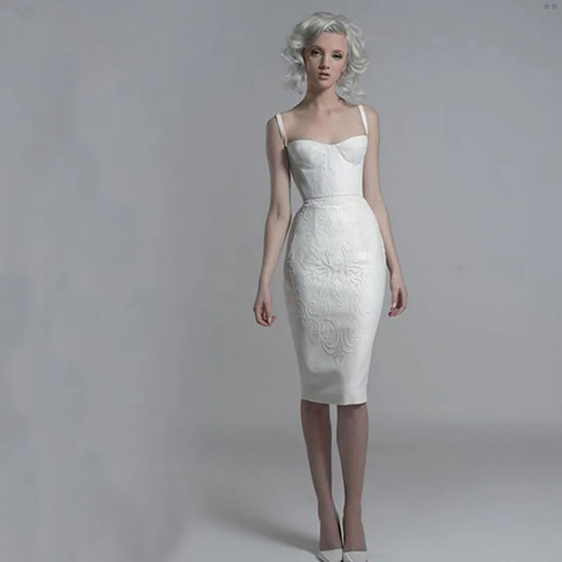 2015 Elegant Sheath Embroidery Short White Evening Dress Spaghetti