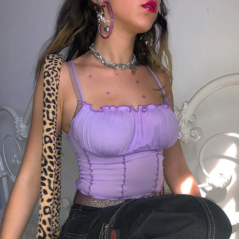 

Women Sexy Spaghetti Straps Ruffles Crop Top Backless Sleeveless Skinny Bralette Solid color sling sexy wrap chest earrings vest