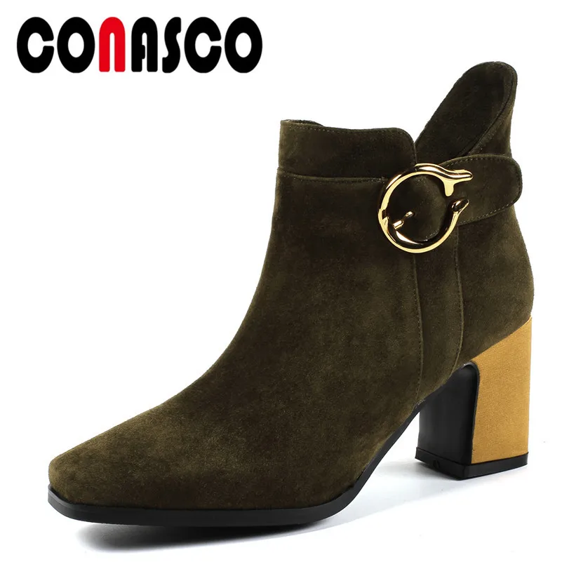 

CONASCO New Women Ankle Boots Suede Leather High Heels Shoes Party Prom Autumn Winter Warm Metal Decoration Martin Shoes Woman