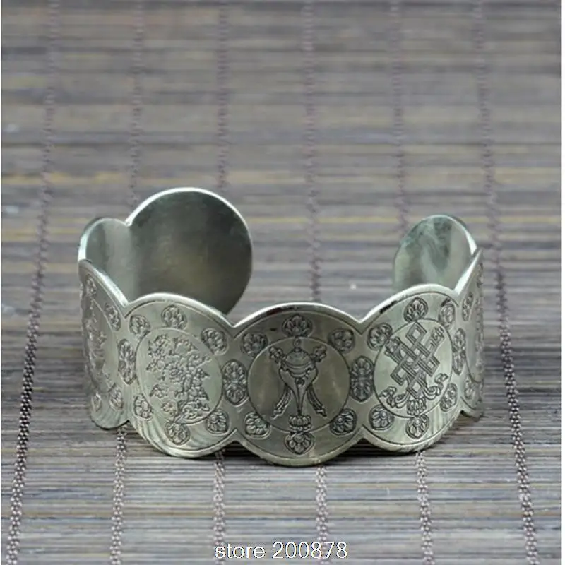 

BB-479 Tibetan jewelry White Metal Copper Carved Babao Eight Auspicious Amulet Totems Wide Bangles
