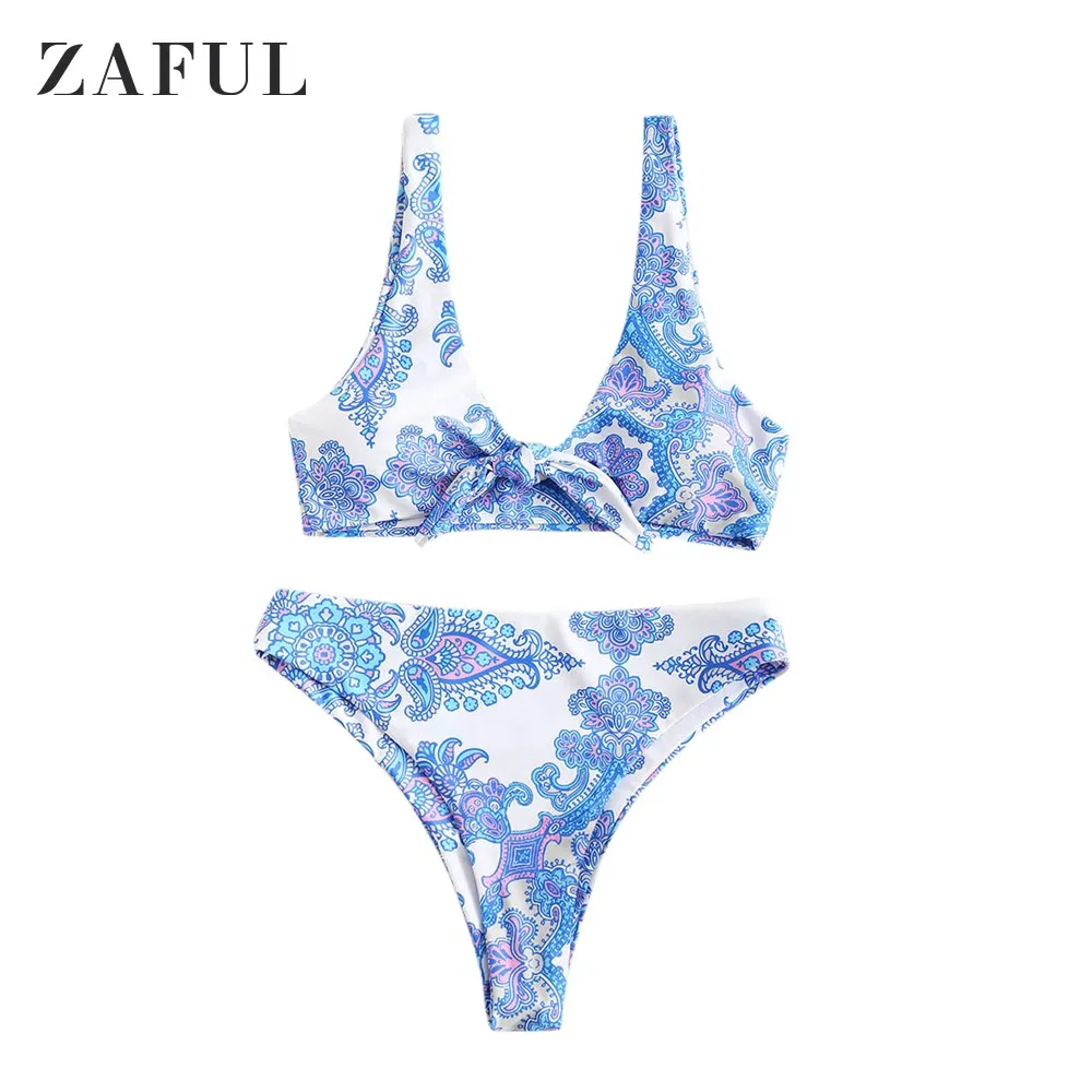 

ZAFUL Women Bikini Set Retro Printed Tie High Cut Bikini Set Lady Sexy Bikini Swimwear Summer Beach Swimsuit Bathing Suit