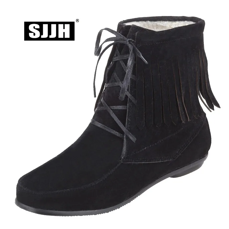 

SJJH 2018 Women Lace-up Flat Ankle Boots with Round Toe Fringe Short Plush Snow Boots Flock Fashion Casual Shoes Large Size Q567
