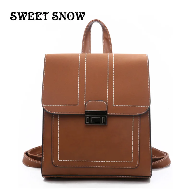 

SWEET SNOW Vintage Women's Car Stitching Women's Backpack Fashion Brand Girl Backpack Sewing Thread Vertical Women's Backpack