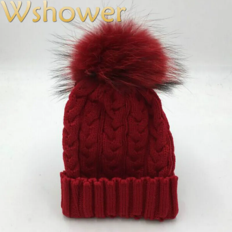 

Which in shower Women Winter Raccoon Fur Hats Cable Crochet Knitted Wool 100% Real Fur pompom Beanies Hat Cap For Lady