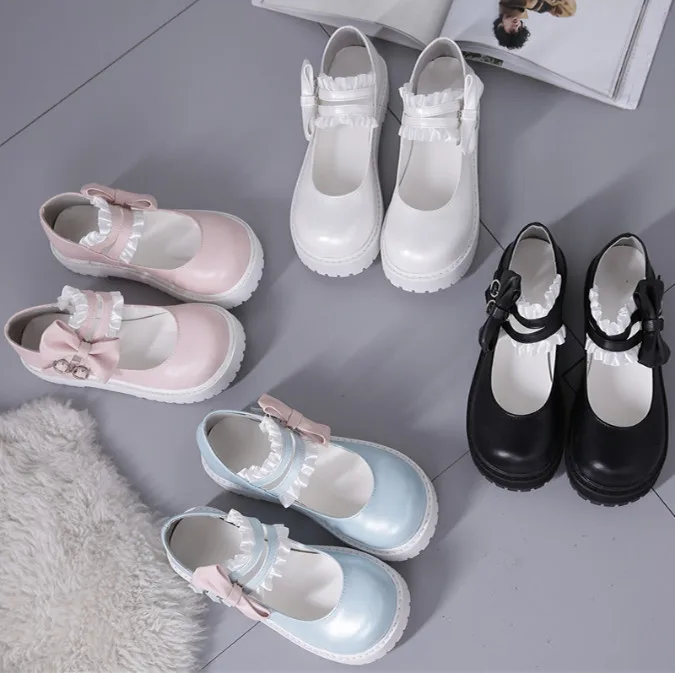 Обувь в японском стиле «лолита» с милым бантом на низком каблуке с круглым носком; Цвет черный, розовый, синий; обувь принцессы на плоской платформе