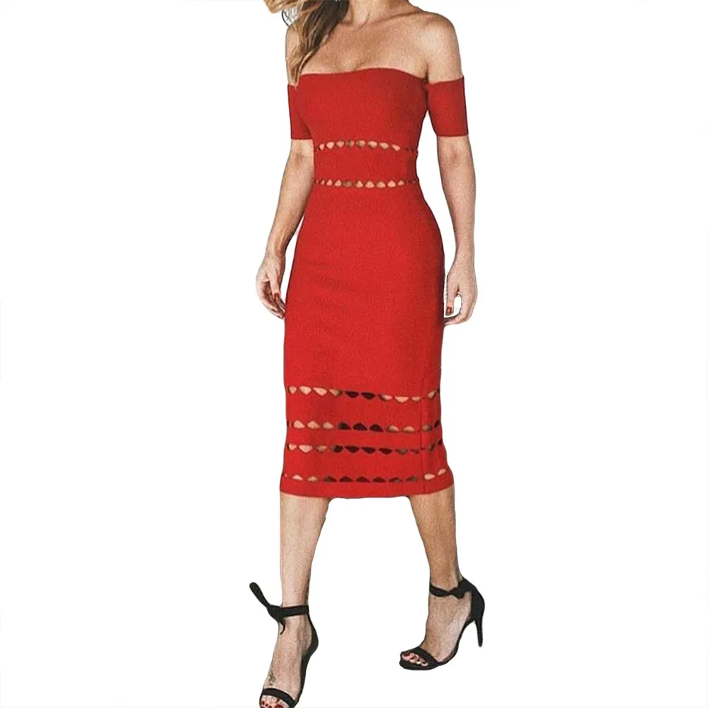 

2019 New Women Sexy Bodycon Celebrity Bandage Dress Short Sleeve Strapless Jacquard Fashion Vestidos Knee Length Part y Dress