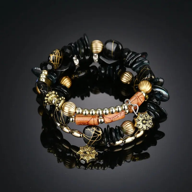 Натуральный богемский камень Многослойные красочные браслеты и браслеты из бисера для женщин золотые браслеты ювелирные изделия для вечерние - Окраска металла: Black