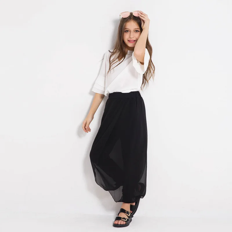 

Teen Girls' Clothing Sets Kids Blouse Pants Two-piece Suits Chiffon White Tops Black Trousers Loose Summer Suits for 6-14y