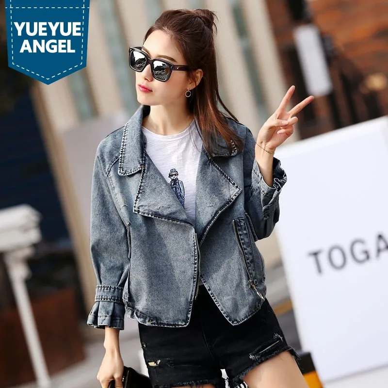 

European Short Denim Coat Womens Ruffle Sleeve Turn-Down Collar Zipper Jean Jacket Female Solid Black Overcoat Lady Fall 2019