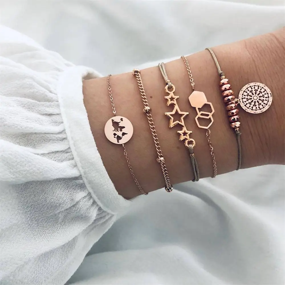 

5 Pcs/set Women Classic Star Map Geometric Carved Beaded Chain Bracelet Set Beach Retro Jewelry Party Accessories