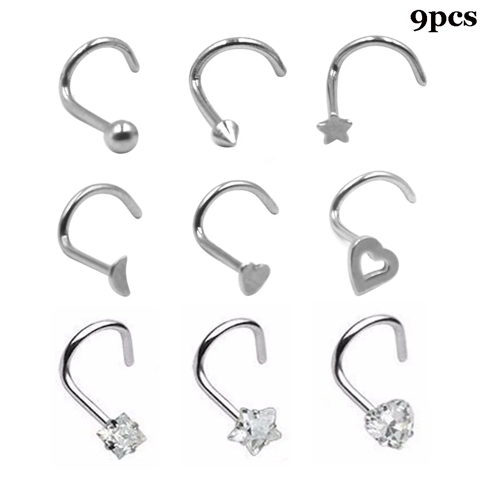 9 Pieces 316l Surgical Steel Screw Nose Ring Wiht Heart Moon Star