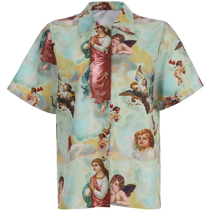 Новинка, Женская свободная тонкая рубашка в стиле ретро с принтом ангела, женская уличная одежда, Roupas Femininas Bluse, женские летние топы для женщин - Цвет: Зеленый