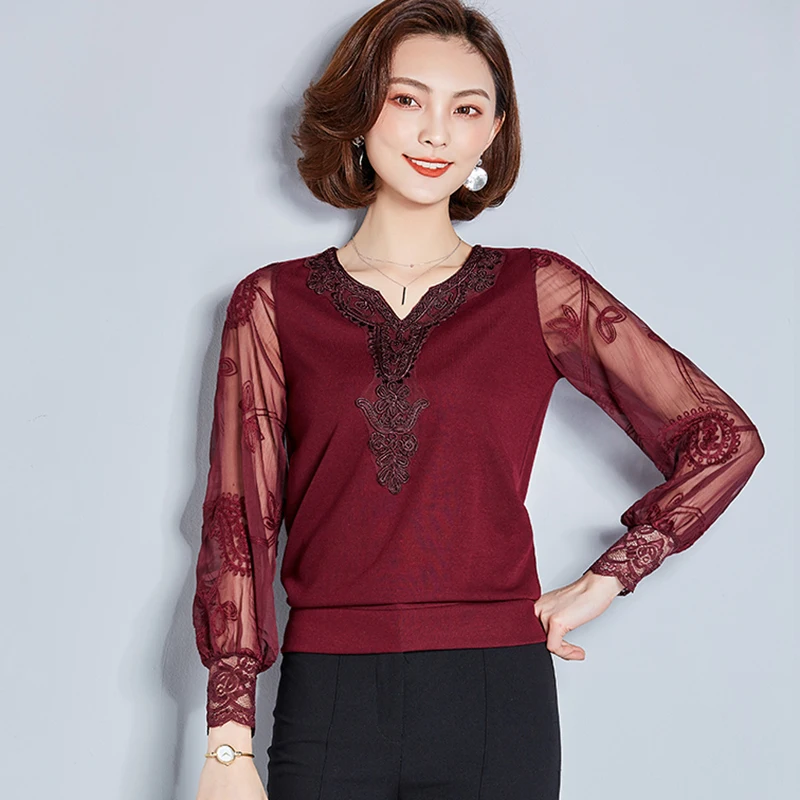 2019 mujeres Blusas Tops y Ropa de manga larga de encaje de malla blusa Blusas Femininas Ropa de Mujer negro rojo caqui 2019 mujeres Blusas Tops y Ropa de manga larga de encaje de malla blusa Blusas Femininas Ropa de Mujer negro rojo caqui