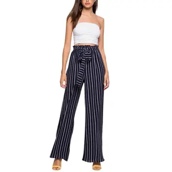 

2018 Women Palazzo Pants Loose Pants Summer High Waist Wide Leg Pants Women Elegant print Striped Trousers Office Ladies Trouser