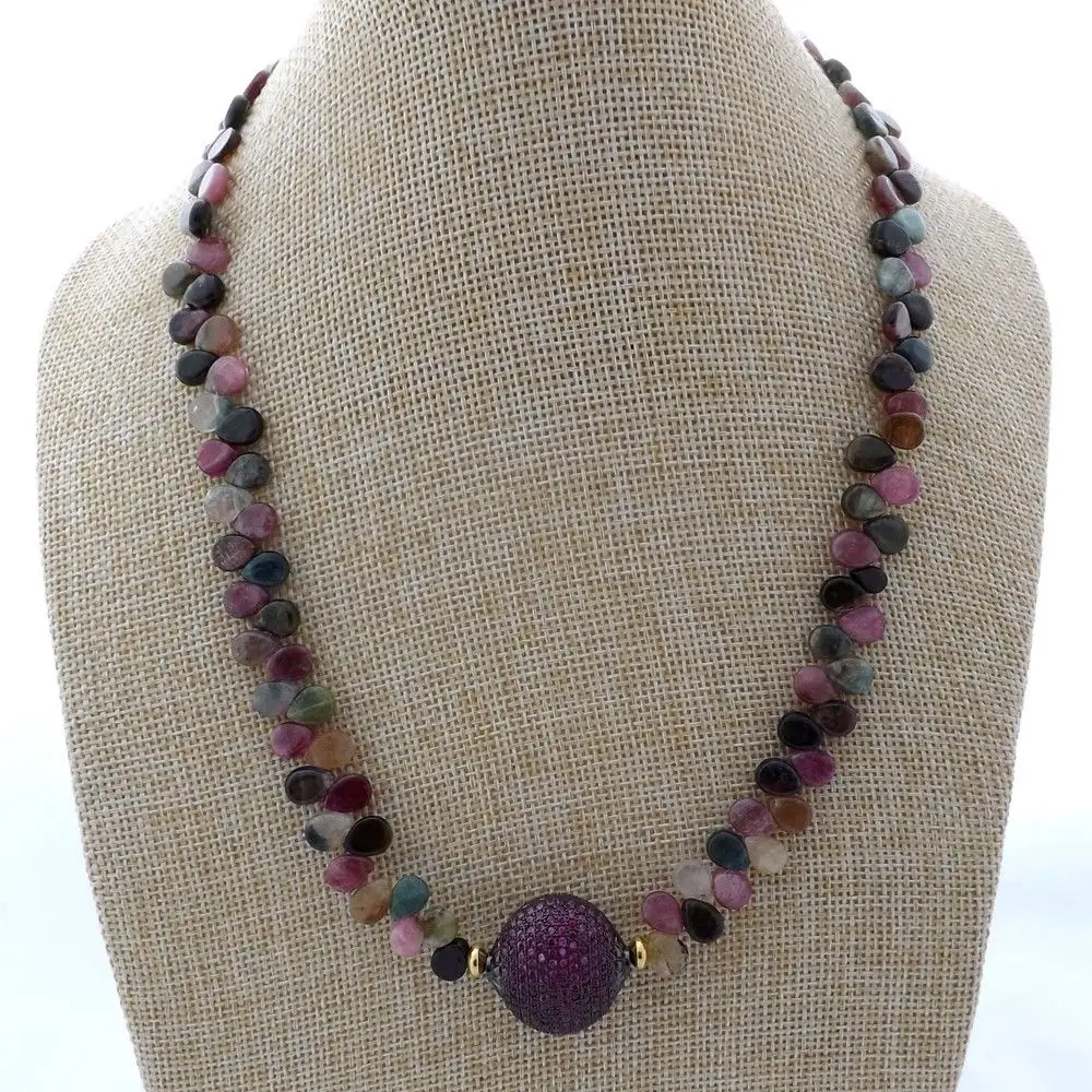 

K122711 19" Teardrop Red Gems Stone Tourmline Necklace CZ Pave Pendant