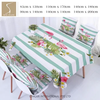 

SewCrane Pink Flamingo Tropical Plants on Blue Watercolor Stripes Table Cloth Home Living Cotton Linen Tablecloth