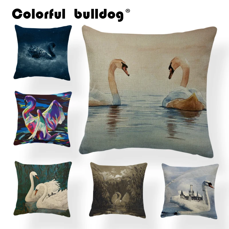 

Nordic Painting Swan Cushion Cover Black Swan On The Clear Lake Flapping Wings Hug Pillow 45Cm Polyester Decorative Sofa Pillows