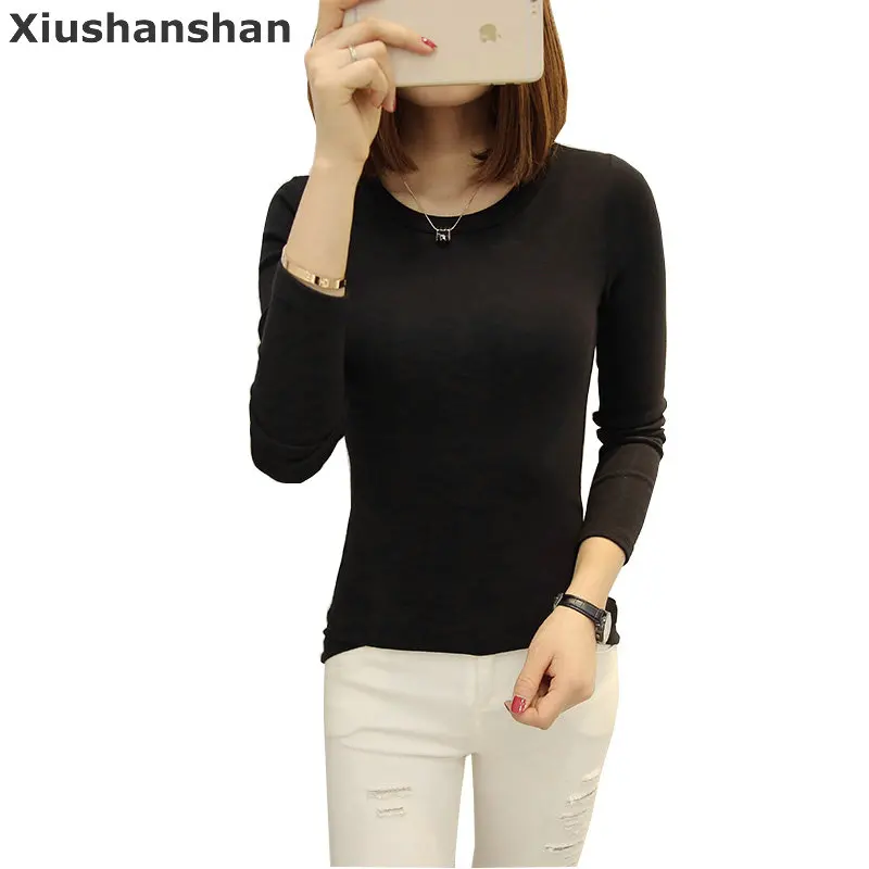 Xiushanshan Solid T Shirt Women Long Sleeves O Neck Cotton Ladies Tee 3 Colors Fashion Women T Shirt Branded Design 216A