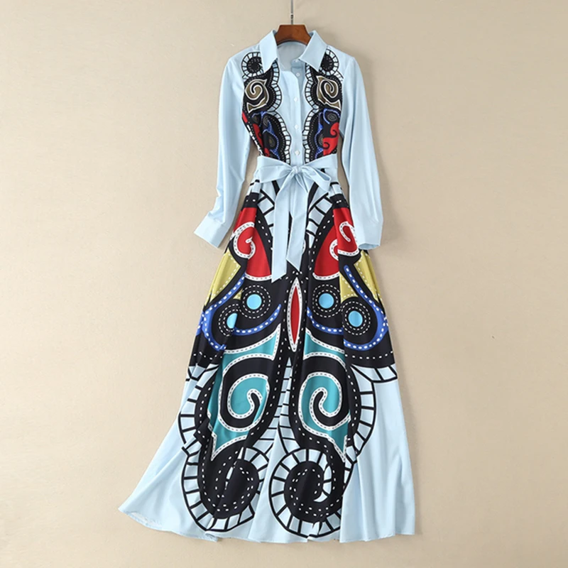 

New Designer Runway Dress Lady 2018 Summer High Quality Print Turn-down Collar Long Sleeve Slim Women Floor Length Maxi Dress