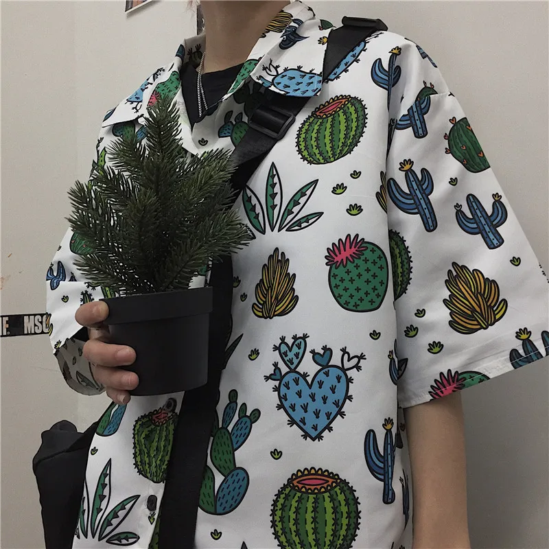 

Harajuku Shirt Women Cute Hamburger Cactus Printed Short Sleeve Loose Top Blouse Summer Grunge Style Shirts Unisex Outwear