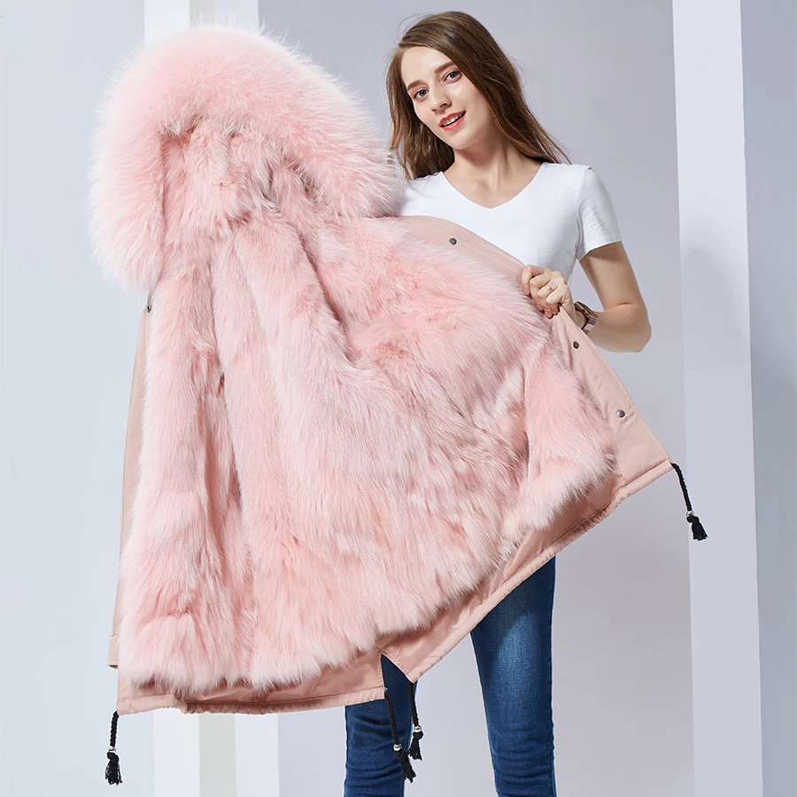 Pink natural fur parka real fox fur inside parkas long female Fashion