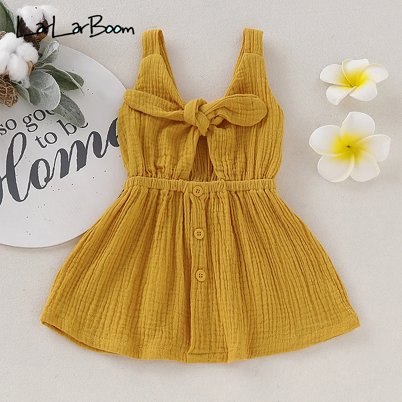 

LarLarBoom Baby Girls Dress 2019 Summer Sleeveless Solid Kids Dresses for Girls Children's Clothing Backless Cute Bow Girl Dress