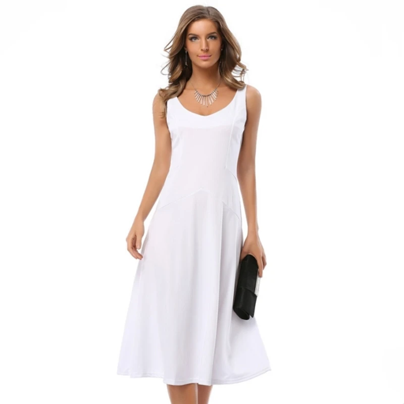 Buy Cheap Sexy Elegant Dress Midi Big Hem 2017 New Summer Dress Women Brief Solid Sleeveless V-Neck Party Dresses Office Dress Plus Size