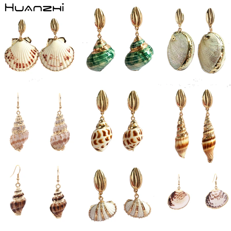 

HUANZHIBohemia 2019 New Natural Conch Gold Metal Sea Shell Long Drop Earrings For Women Girl Beach Jewelry Gifts