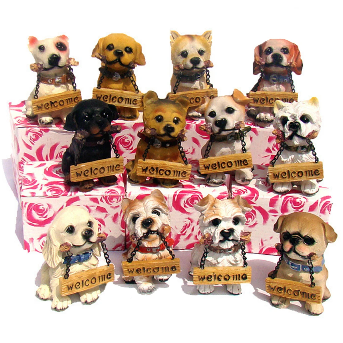 

Wholesale 1Pcs Furnishing Ornaments Simulation Resin Dog Figurines with Welcome Word Hang Tag Decoration - Type Color Random