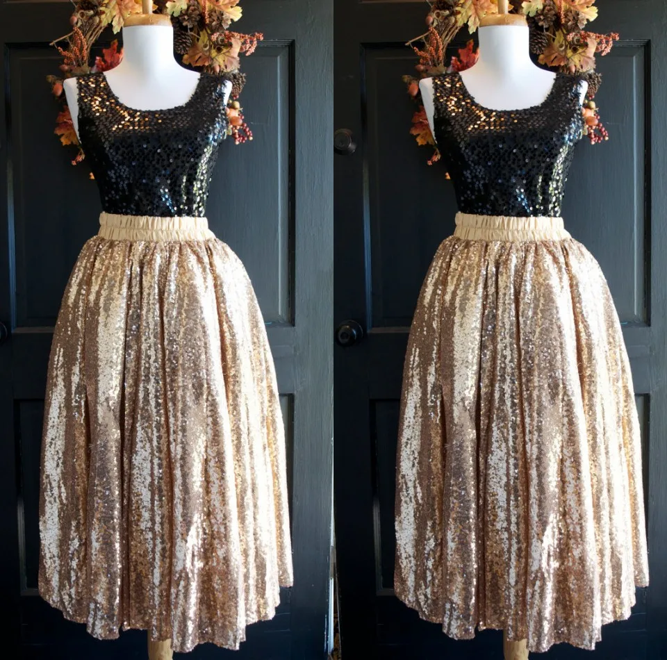 Блестящие золотые юбки с пайетками для чая для женщин, эластичные, стильные, плиссированные, на заказ, большие размеры, до середины икры, Женская юбка для взрослых, дешево