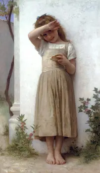 

TOP ART Bouguereau - Young girl portrait standing with bread 100% hand painted oil painting on canvas free shipping