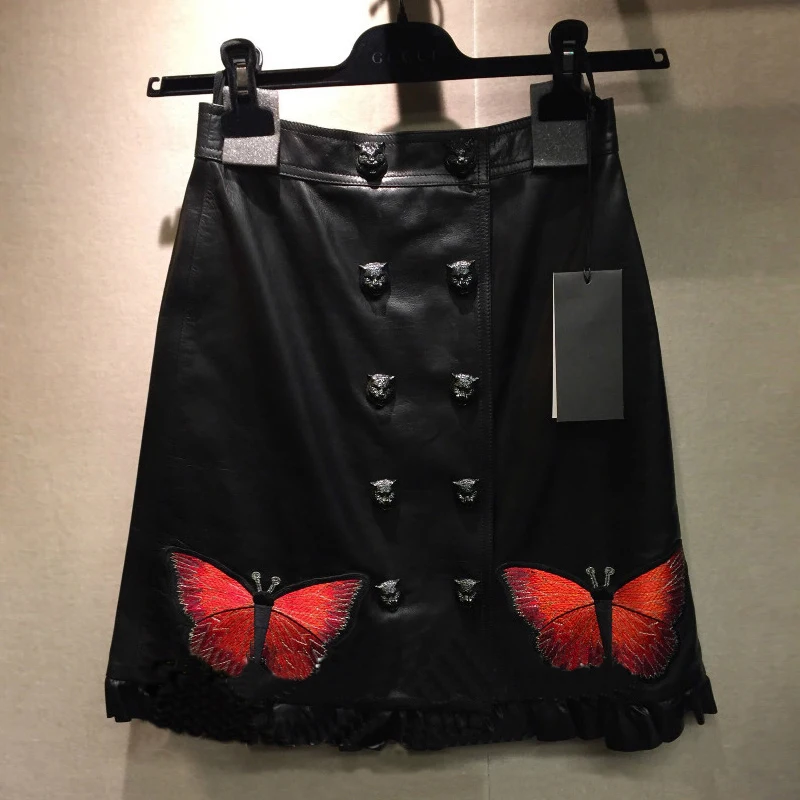 Women Elegant Black Leather Ruffles A Line Short Skirts