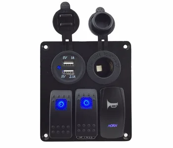 

Iztoss 3 gang rocker switch and horn switch panel with power socket 3.1A dual USB wiring kits and Decal Sticker Labels DC12V/24V