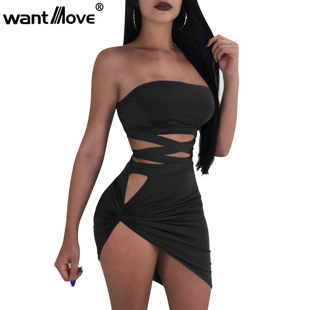 

Wantmove women sexy bodycon strapless sleeveless club mini dress set bandage high slit cut out club mini skirt set JZ361
