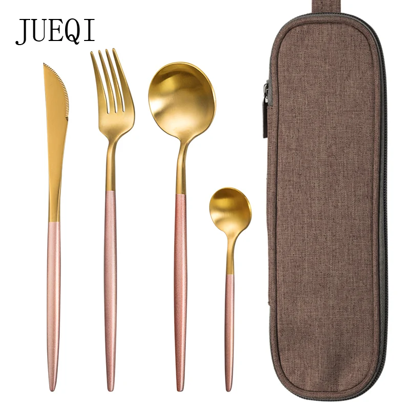 

JueQi Dinnerware Set Stainless Steel Plating Gold Blue Black Knife Fork Tableware Cutlery Western Food Camping Tableware Bag