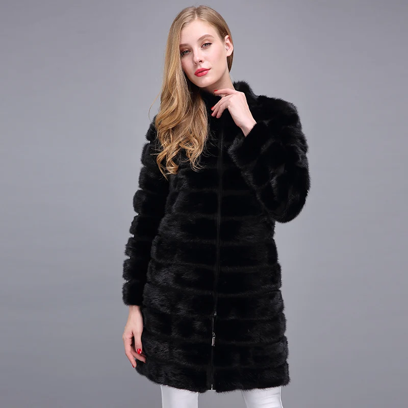 Aiyangsilan 2018 Real Mink Fur Jackets Women Long Zipper Autumn Winter Warm Full Sleeve Detachable Sleeves Black Solid Real Fur Coats