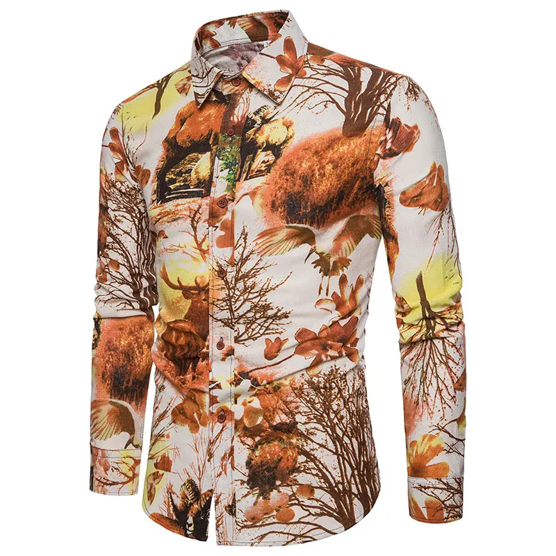 2018 New Forest Prints Linen Shirts Mens Clothes Long Sleeve Mens Dress