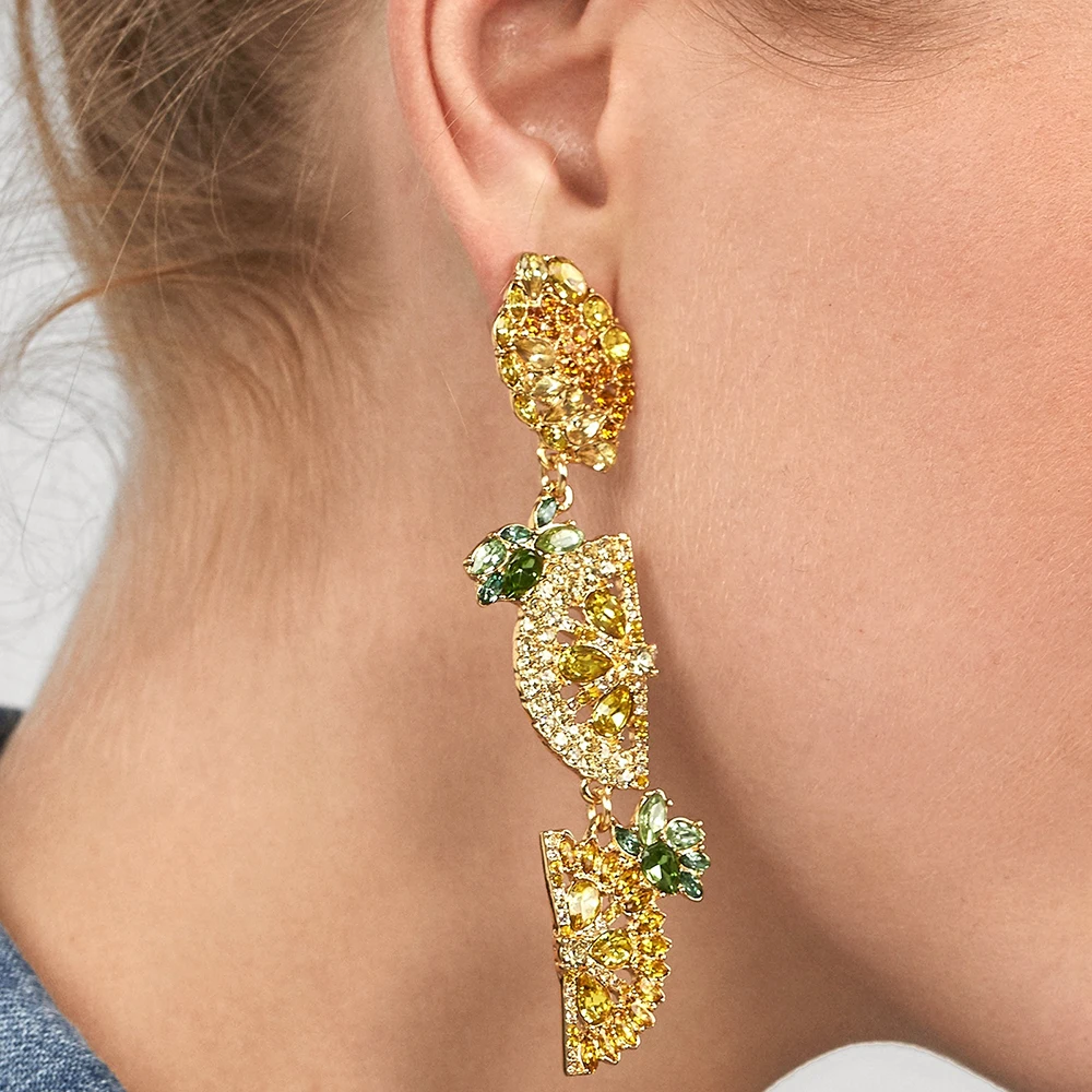 

Ladyfirsy Lemon Long Drop Earrings for Women Crystal Fruit Rhinestone Statement Earrings Wedding Jewelry Wholesale Trendy Gifts