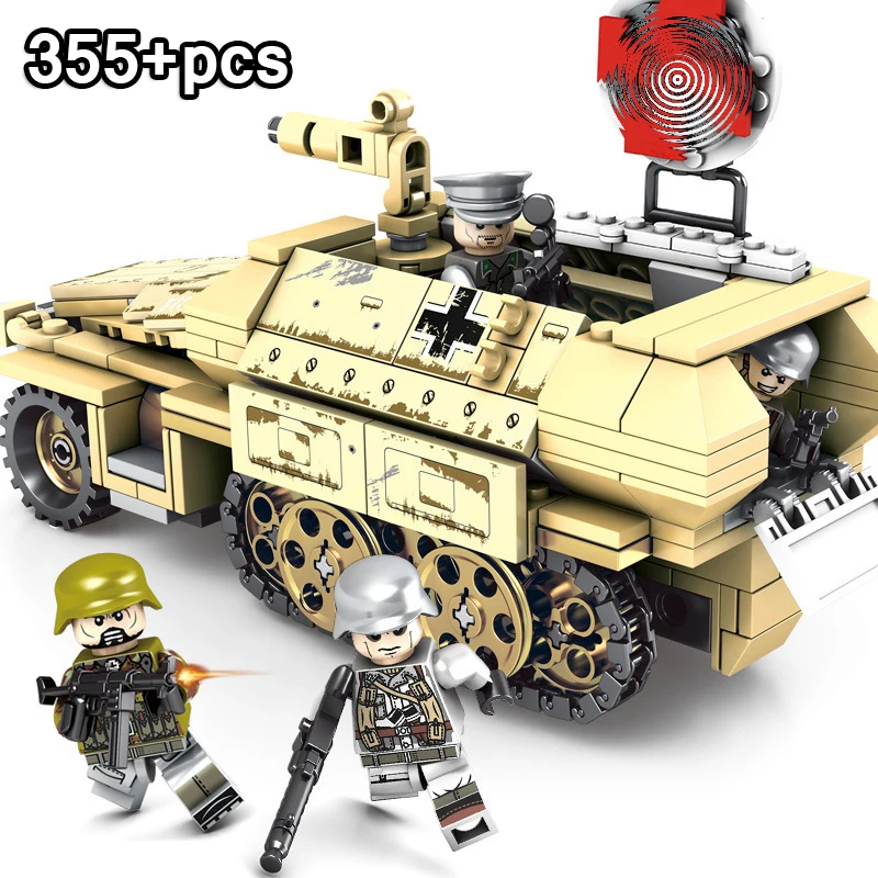 

355pcs WW2 Military Armored Trucks Building Blocks Compatible Legoings Technic Vehicle Weapon Soldiers Bricks Toys for Children