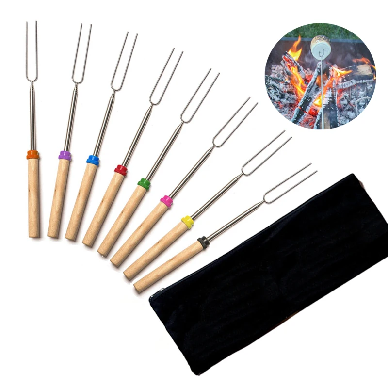 Telescopic Roasting Sticks Stainless Steel BBQ Forks Extendable Hot Dog Marshmallow Roasting Sticks with Pouch BBQ Tools (2)
