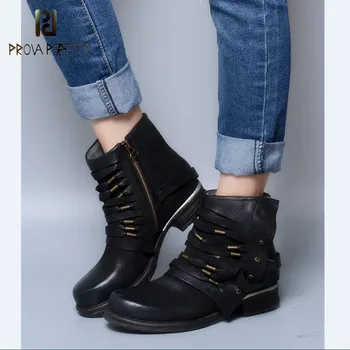 

Prova Perfetto Euramerican Fashion Genuine Leather Pleated Low Heel Motorcycle Boots Retro Side zipper Warm Ankle Knight Boots