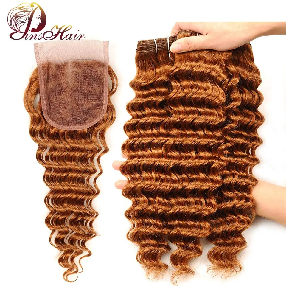 

Pinshair 30 Honey Blonde Deep Wave Bundles With Closure Peruvian Hair Weave 3 Bundles With Closure Human Hair Bundles Non-Remy