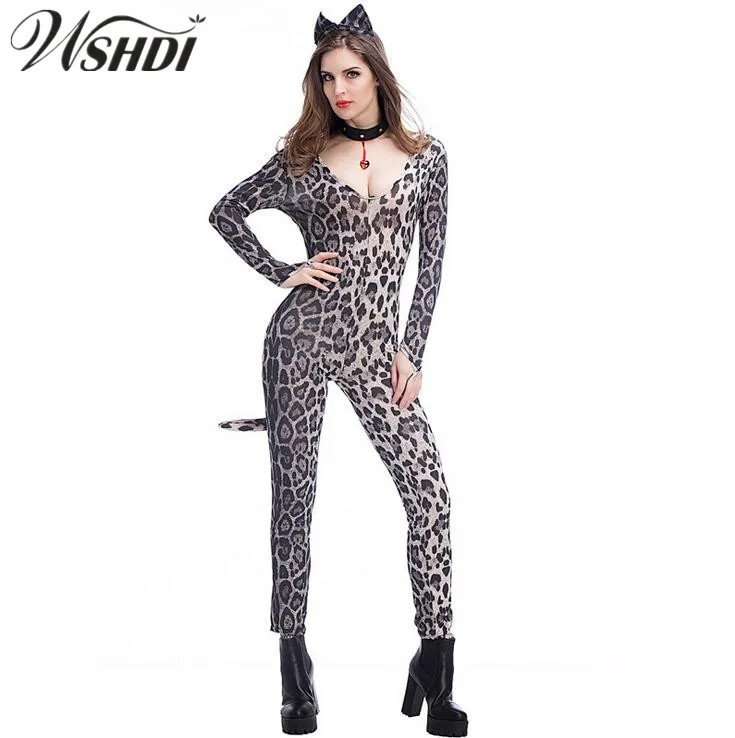 Buy Sexy Women V neck Leopard Print Catsuit Jumpsuit