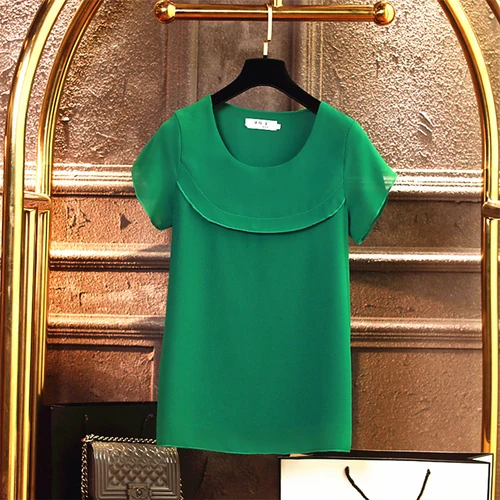 Banerdanni, продукт, женская блузка, летняя шифоновая рубашка с коротким рукавом и круглым вырезом, Повседневная блуза размера плюс 5XL, свободный женский топ - Цвет: Dark green